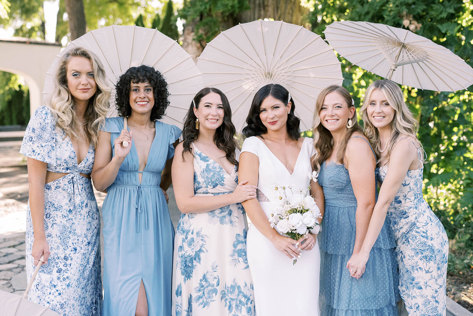 row of bridesmaids in blue